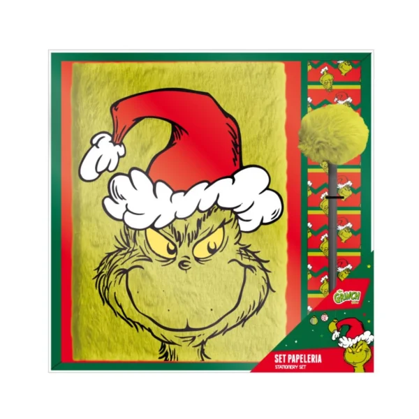 A5 Grinch-notitieboek met pluche kaft en bijpassende pen in premium cadeauverpakking.