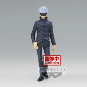 Satoru Gojo Jukon No Kata figurine van 17 cm uit Jujutsu Kaisen, gedetailleerd in zwart jujutsu-uniform en witte haren, met zijn iconische blinddoek.