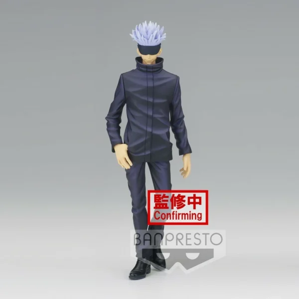 Satoru Gojo Jukon No Kata figurine van 17 cm uit Jujutsu Kaisen, gedetailleerd in zwart jujutsu-uniform en witte haren, met zijn iconische blinddoek.