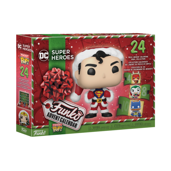 DC Super Heroes 24-Day Advent Calendar met 24 Funko Pocket Pop!-figuurtjes van helden en schurken in vakantieoutfits.