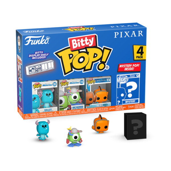 PIXAR Bitty Pop! 4-Pack met Sulley, Boo, Mike Wazowski en mystery figuur uit Monsters, Inc..