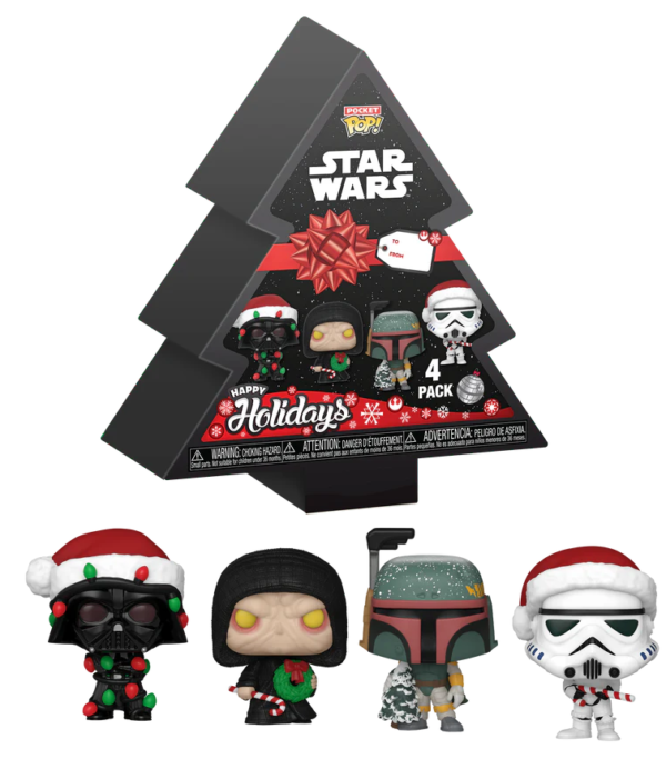 Star Wars™ Pocket Pop! Holiday Box met Darth Vader™, Emperor Palpatine™, Boba Fett™ en Stormtrooper™ in kerstoutfits.