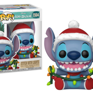 Funko POP Disney N° 1504 - Stitch met kerstlichtjes in een speelse en kleurrijke pose.