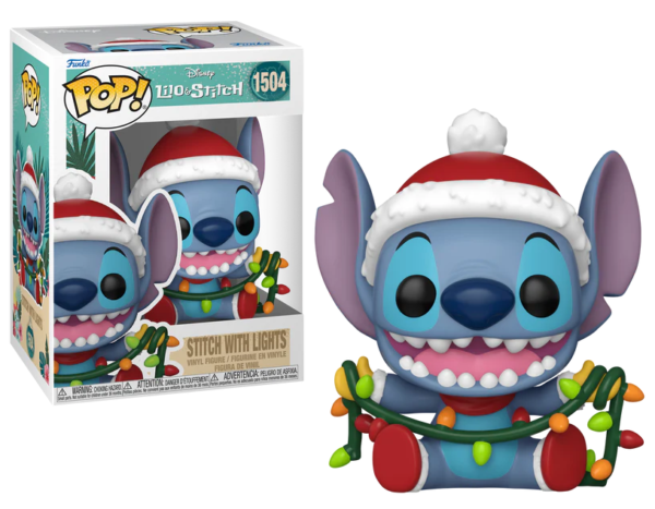 Funko POP Disney N° 1504 - Stitch met kerstlichtjes in een speelse en kleurrijke pose.