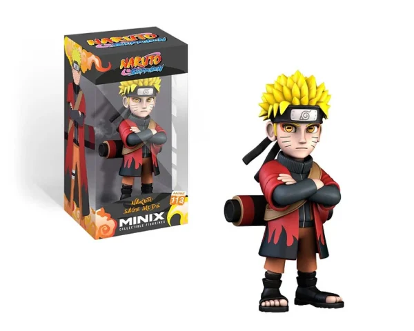 Naruto with Cape Minix Figurine van 12 cm, afgebeeld met een rode cape en zijn kenmerkende oranje outfit, stralend met enthousiasme voor fans van de Naruto-serie.