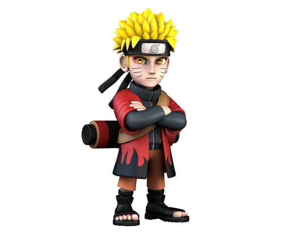 Naruto with Cape Minix Figurine van 12 cm, afgebeeld met een rode cape en zijn kenmerkende oranje outfit, stralend met enthousiasme voor fans van de Naruto-serie