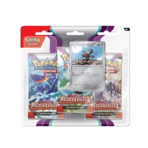 Pokemon Paldea Evolved 3-Pack Blister met drie booster packs en een promo-kaart.