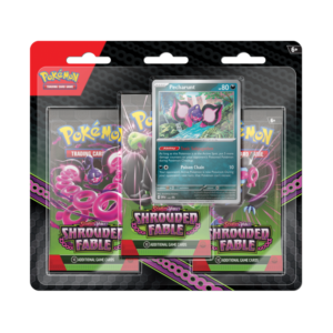 Pokémon Shrouded Fable 3-Pack Blister met drie booster packs, een collector’s coin en een exclusieve promokaart.