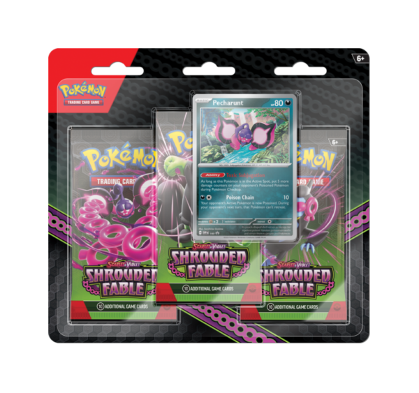 Pokémon Shrouded Fable 3-Pack Blister met drie booster packs, een collector’s coin en een exclusieve promokaart.