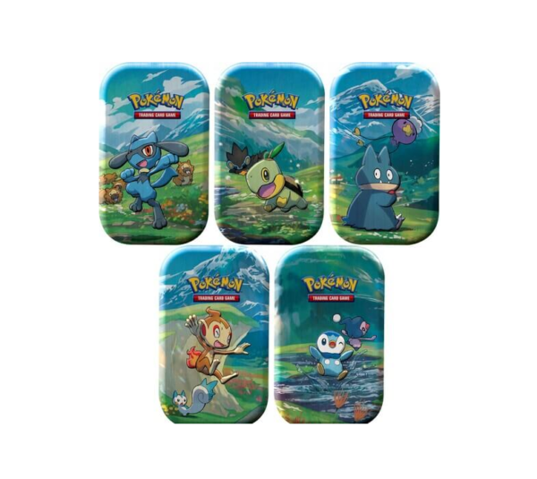 "Pokémon Sinnoh Stars Mini Tin met exclusieve illustratiekaart, booster packs en collectible coin.