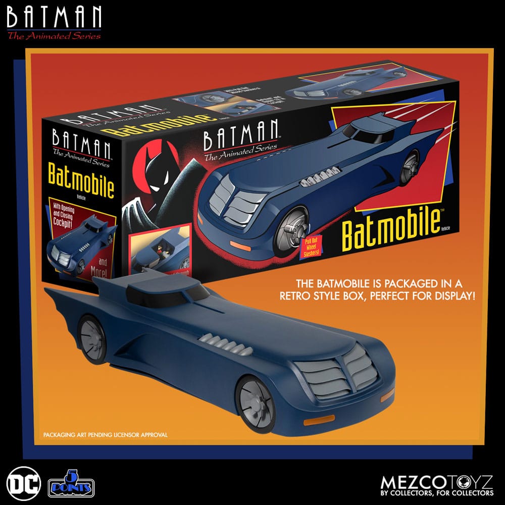 DC Comics Vehicle Batman: The Animated Series - The Batmobile met functioneel schuifdak, stoelen, en realistische raketvlam aan de achterzijde.