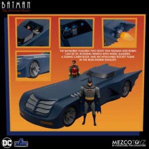 DC Comics Vehicle Batman: The Animated Series - The Batmobile met functioneel schuifdak, stoelen, en realistische raketvlam aan de achterzijde.