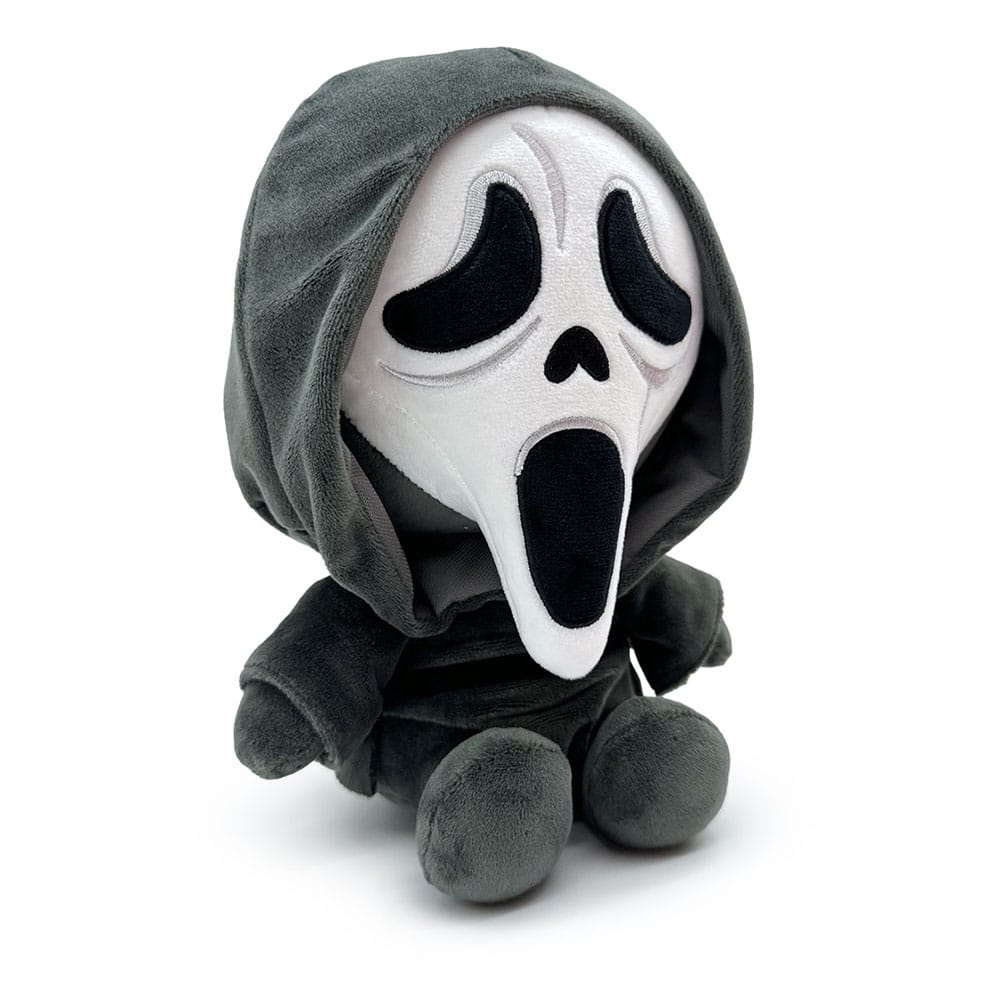 Knuffelzachte Ghost Face Scream Plush Figure, 22 cm, met kenmerkend wit masker en zwarte gewaden, perfect voor horrorverzamelaars.