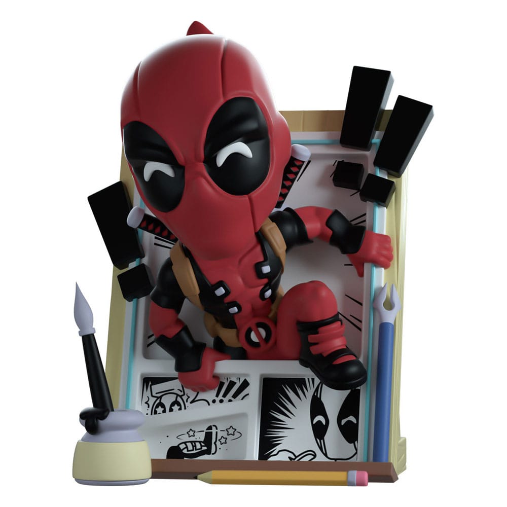 Deadpool Vinyl Figure van 12 cm, dynamisch ontwerp met stripthema en premium verpakking.