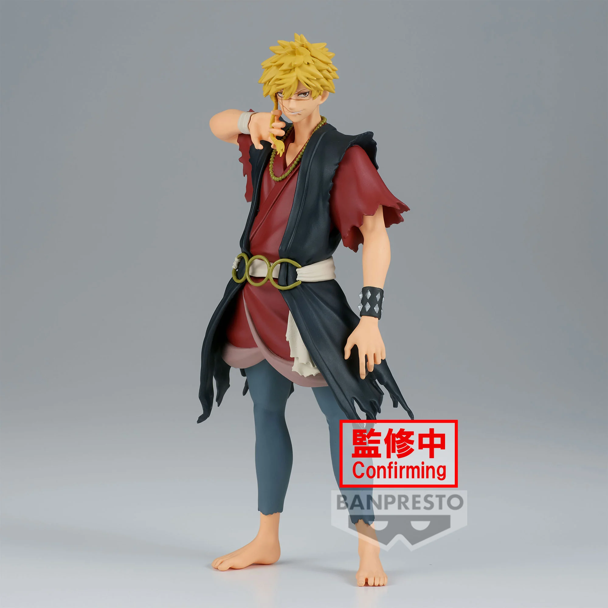 Hell's Paradise Aza Chobe DXF figuur in karakteristieke outfit met rood en zwart, 17cm Banpresto collectible in staande pose met gouden haar en ketting