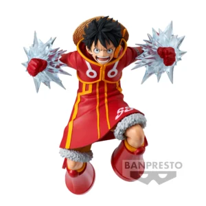 One Piece Luffy winter figuur in rode outfit met gele details, 14cm hoog met transparante impact effecten en karakteristieke glimlach, officiële Banpresto collectible
