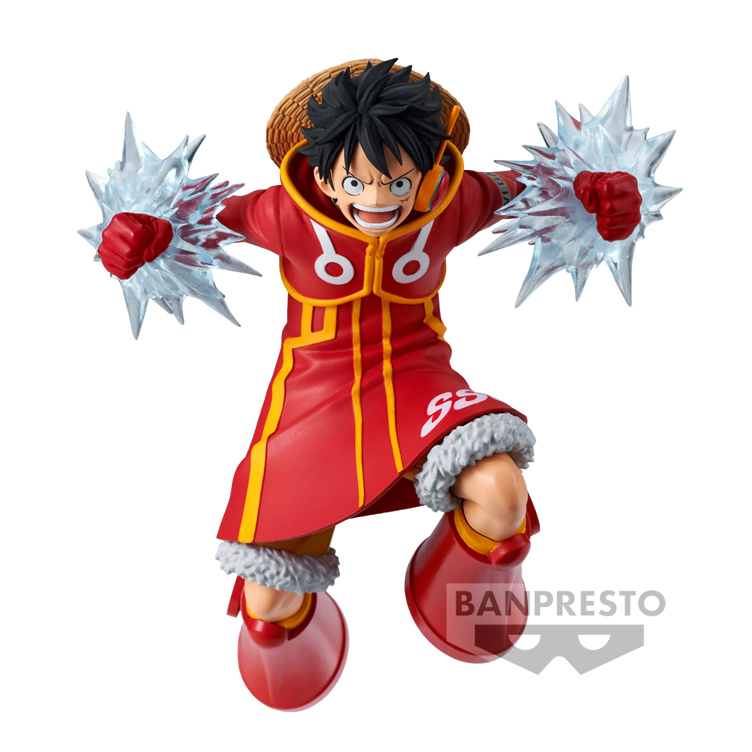 One Piece Luffy winter figuur in rode outfit met gele details, 14cm hoog met transparante impact effecten en karakteristieke glimlach, officiƫle Banpresto collectible