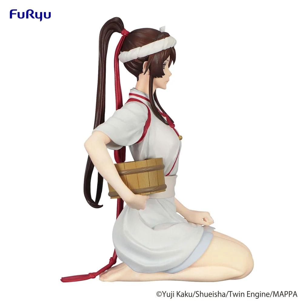 Hell's Paradise Sagiri Noodle Stopper figuur in traditionele witte outfit met rode accenten, 10cm FuRyu collectible in knielende pose met houten emmer