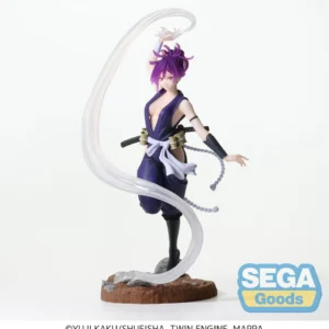 Hell's Paradise Yuzuriha Luminasta statue met paars haar in dynamische pose, 21cm SEGA collectible met transparant zwaardeffect en ninja outfit
