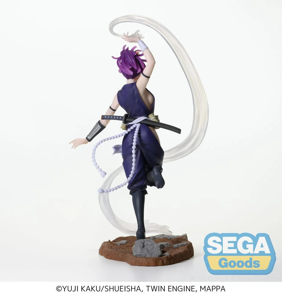 Hell's Paradise Yuzuriha Luminasta statue met paars haar in dynamische pose, 21cm SEGA collectible met transparant zwaardeffect en ninja outfit